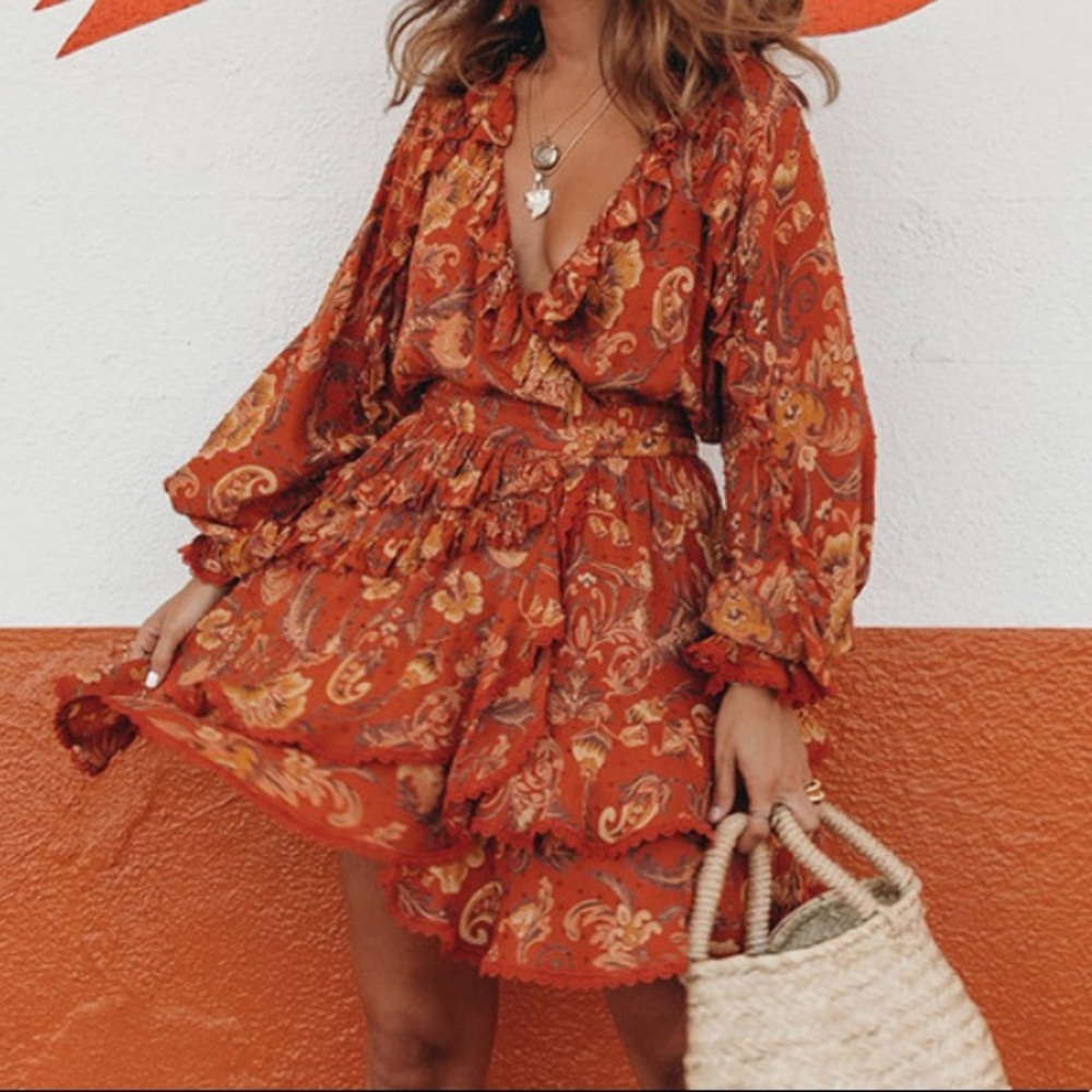SPELL & THE GYPSY COLLECTIVE DALIA WRAP TUNIC DRESS LONG SLEEVES AND RUFFLES S